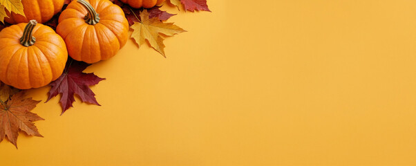 Orange pumpkins and autumn leaves on a flat yellow background. Concept for Thanksgiving, Harvest Festival or Halloween celebrations. Autumn flat lay for banner with copy space for text. Top view.