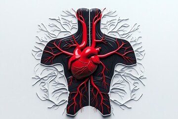 Poster - Clean minimalist view of the circulatory system, with the heart and main arteries outlined in simple geometric shapes
