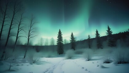 Polar northen lights in the snowy forest. AI generated