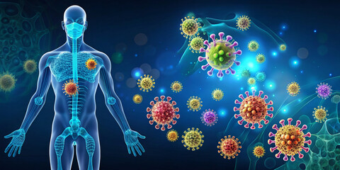 human immune system illustrations featuring a transparent figure surrounded by colorful virus partic