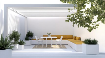 Poster - A serene outdoor seating area features a white pergola, a cozy yellow bench, and potted greenery. The space invites relaxation and social gatherings under soft natural light.