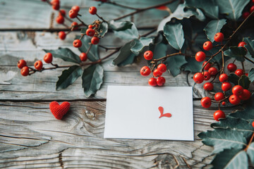 Poster - White card with red heart surrounded by holly leaves.