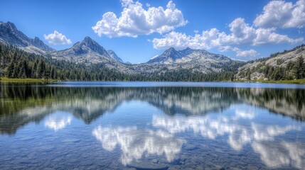  Serene mountain lake with crystal-clear water reflecting the surrounding peaks, set against a backdrop of blue skies and fluffy clouds.
