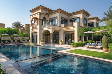 Wide-angle view of a stunning pool and outdoor area featuring a large flat garden with lawn and seating spaces, set against an Arab-style villa.