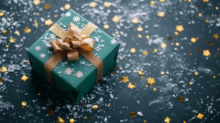Poster - A green gift box with a gold ribbon and bow is surrounded by white snow and gold confetti on a dark blue surface.