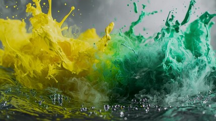Poster - Vibrant yellow and green paint splashes create a dynamic, colorful abstract image in liquid form.