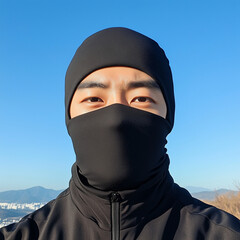 A 30-year-old Korean man wearing a black balaclava, with a sky view in the background,