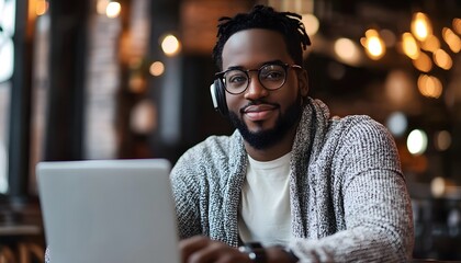 Poster - Black Man Wearing Glasses and Headphones Uses a Laptop