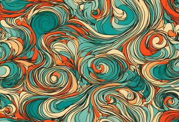 A vibrant abstract pattern featuring swirling shapes in turquoise, orange, red, and green. The design showcases a dynamic interplay of curves and lines, creating a lively and energetic visual effect.