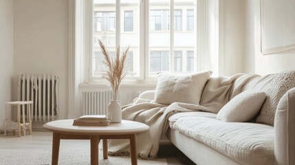Poster - A white couch sits next to a large window in a living room. It has a blanket draped over it and several white throw pillows. A vase with dry plant stems is on the coffee table near the couch.