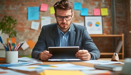 Poster - A Businessman Working at a Desk with Papers and a Tablet
