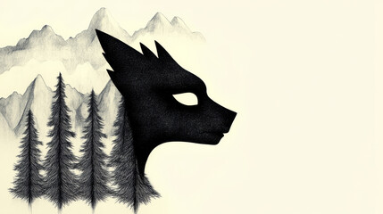 Poster - A black and white illustration of a wolf's head with a mountain range and pine trees in the background.