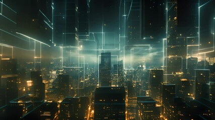 Poster - Neon technology city business concept with skyscraper buildings and virtual network connection