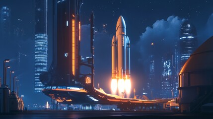 Fototapete - A sleek rocket ignites its engines on a launch pad, sending bright flames upwards against the backdrop of a bustling futuristic city
