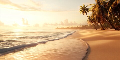 Sticker - Tranquil tropical beach with palm trees at sunset.