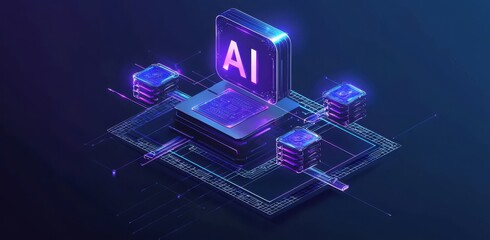 Poster - Isometric illustration of an abstract AI logo with futuristic neon design