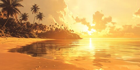 Sticker - Tropical beach at sunset with palm trees and golden sky.