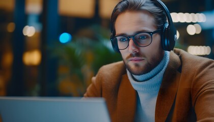 Poster - A man wearing headphones and glasses looks at a laptop screen.