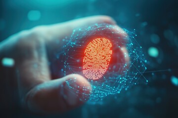 Poster - Man using thumb to scan finger print or for digital processing bio-metric identification to access security system includes internet banking, cloud system and Cyber security concept