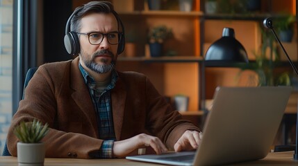 Poster - Bearded Man in Glasses Using Laptop with Headphones On