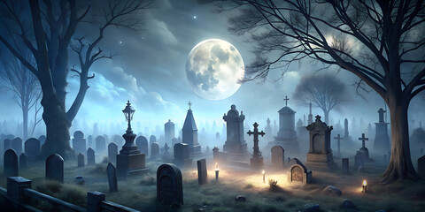 Wall Mural - halloween night scene with moon