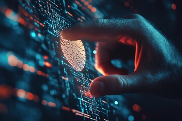 Poster - Man using thumb to scan finger print or for digital processing bio-metric identification to access security system includes internet banking, cloud system and Cyber security concept