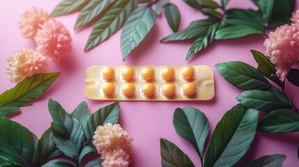 Wall Mural - Pill Pack Surrounded by Green Leaves and Delicate Flowers