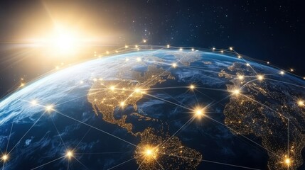 Poster - Digital globe with network connections circling, highlighting communication technology and global internet business concepts