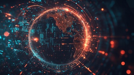Poster - Earth surrounded by glowing digital lines, representing global network communication and internet business technology