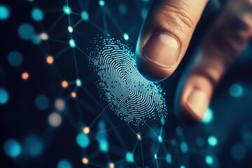 Poster - Man using thumb to scan finger print or for digital processing bio-metric identification to access security system includes internet banking, cloud system and Cyber security concept