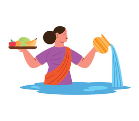 Wall Mural - hindu woman in traditional clothes for chhath puja