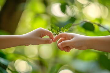 two hands reaching towards each other, gently connecting amid lush green foliage, symbolizing care, 