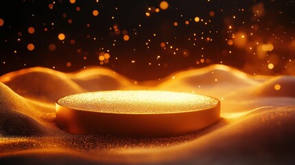 Poster - Glowing golden curves envelop a modern podium, highlighted by sparkle and bokeh elements for a premium product showcase
