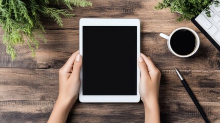 Poster - Hand holding a digital tablet with a blank screen on a work desk, perfect for showcasing modern technology and work-related digital tools
