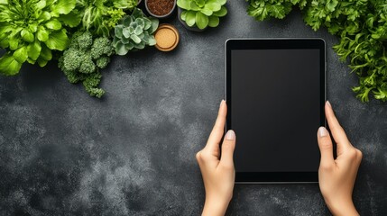 Poster - Hand showing a tablet with a blank screen, resting on a clean work desk, perfect for technology mockups and workspace settings
