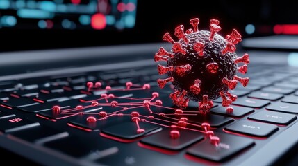 Poster - virus model on keyboard in digital workspace