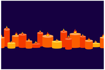 Seamless pattern with orange red and yellow candles in love leaned their flames towards each other Vector. halloween concept. purple background
