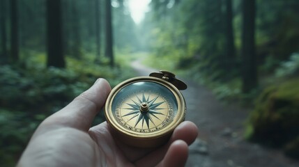 Sticker - A close-up of a compass in a traveler's hand, pointing north, with a forest trail ahead in the background.