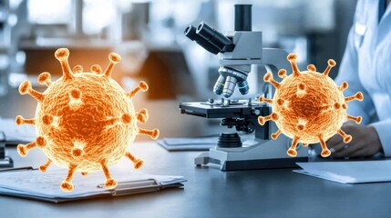 Poster - Laboratory Scene with Microscope and Virus Models