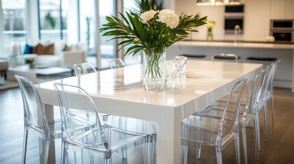 Poster - A spacious dining area showcases a sleek white table adorned with a floral arrangement