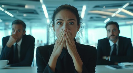 Business professionals in formal attire reacting with surprise and disbelief during a serious office meeting scenario in a modern corporate setting.