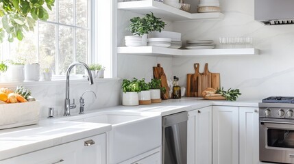 Poster - This modern kitchen features open white shelving adorned with potted herbs and greenery