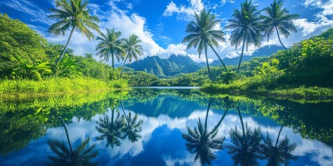 Wall Mural - Tropical paradise with palm trees reflected in a tranquil lagoon.