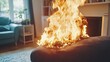 © Pricha.RT - A burning room with a modern interior design, flames growing dangerously from a fireplace. The danger of fire is evident.