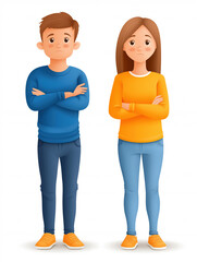 Sad young couple stand with crossed arms