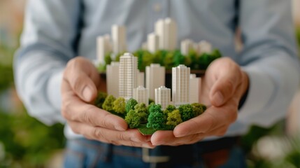 Close-up of hands holding a small city model with buildings and green trees, symbolizing sustainable urban development and eco-friendly architecture.