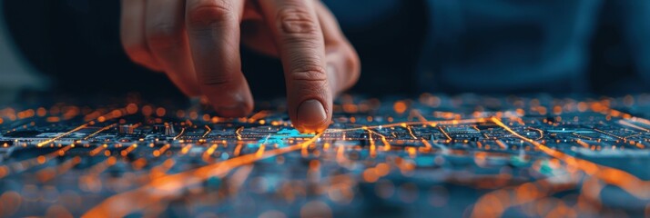 Close-up of a hand touching a glowing digital interface with illuminated circuits and lines, symbolizing technology, data networks, and innovation.