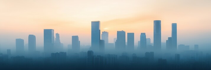 a hazy cityscape at sunrise, with tall buildings silhouetted against a pale orange sky, suggesting a