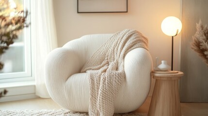 Poster - This inviting living room corner features a rounded, textured armchair draped with a soft blanket, a stylish lamp illuminating the space, and tasteful decor enhancing the ambiance.