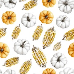 Poster - Watercolor Autumn Seamless Pattern with Pumpkins and Corn.